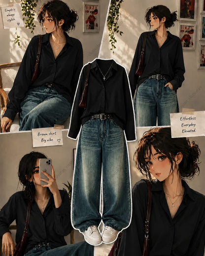 Button-Down Shirt & Greenish blue Wide-Leg Vintage Jeans Pack of Two