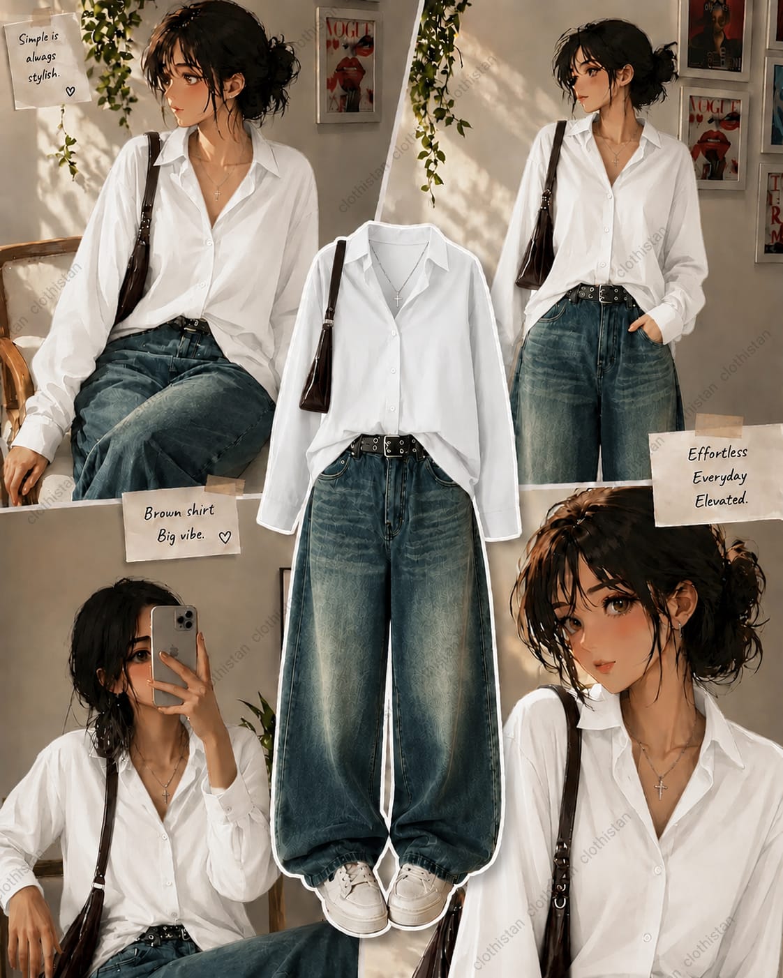 Button-Down Shirt & Greenish blue Wide-Leg Vintage Jeans Pack of Two