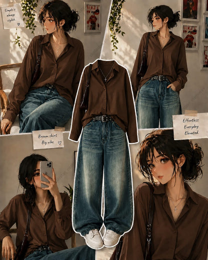 Button-Down Shirt & Greenish blue Wide-Leg Vintage Jeans Pack of Two