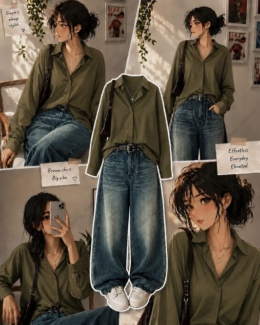 Button-Down Shirt & Greenish blue Wide-Leg Vintage Jeans Pack of Two