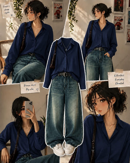 Button-Down Shirt & Greenish blue Wide-Leg Vintage Jeans Pack of Two