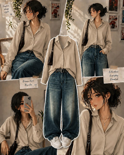 Button-Down Shirt & Greenish blue Wide-Leg Vintage Jeans Pack of Two