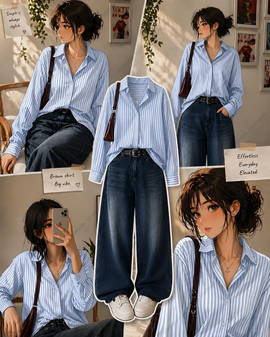Stripes button down Shirt & dark mid blue Wide-Leg Vintage Jeans Pack of Two