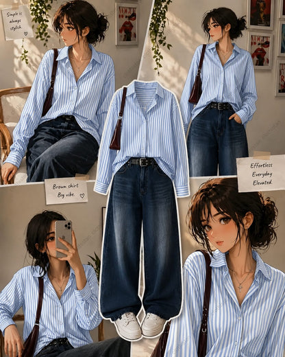 Stripes button down Shirt & dark mid blue Wide-Leg Vintage Jeans Pack of Two