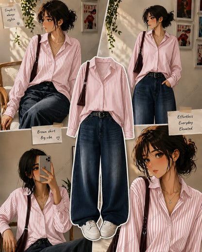 Stripes button down Shirt & dark mid blue Wide-Leg Vintage Jeans Pack of Two