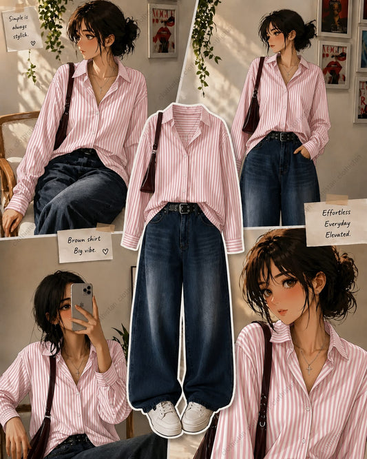 Stripes button down Shirt & dark mid blue Wide-Leg Vintage Jeans Pack of Two
