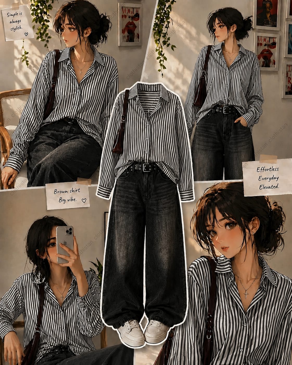 Stripes button down Shirt & Black Wide-Leg Vintage Jeans Pack of Two