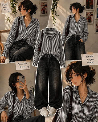 Stripes button down Shirt & Black Wide-Leg Vintage Jeans Pack of Two