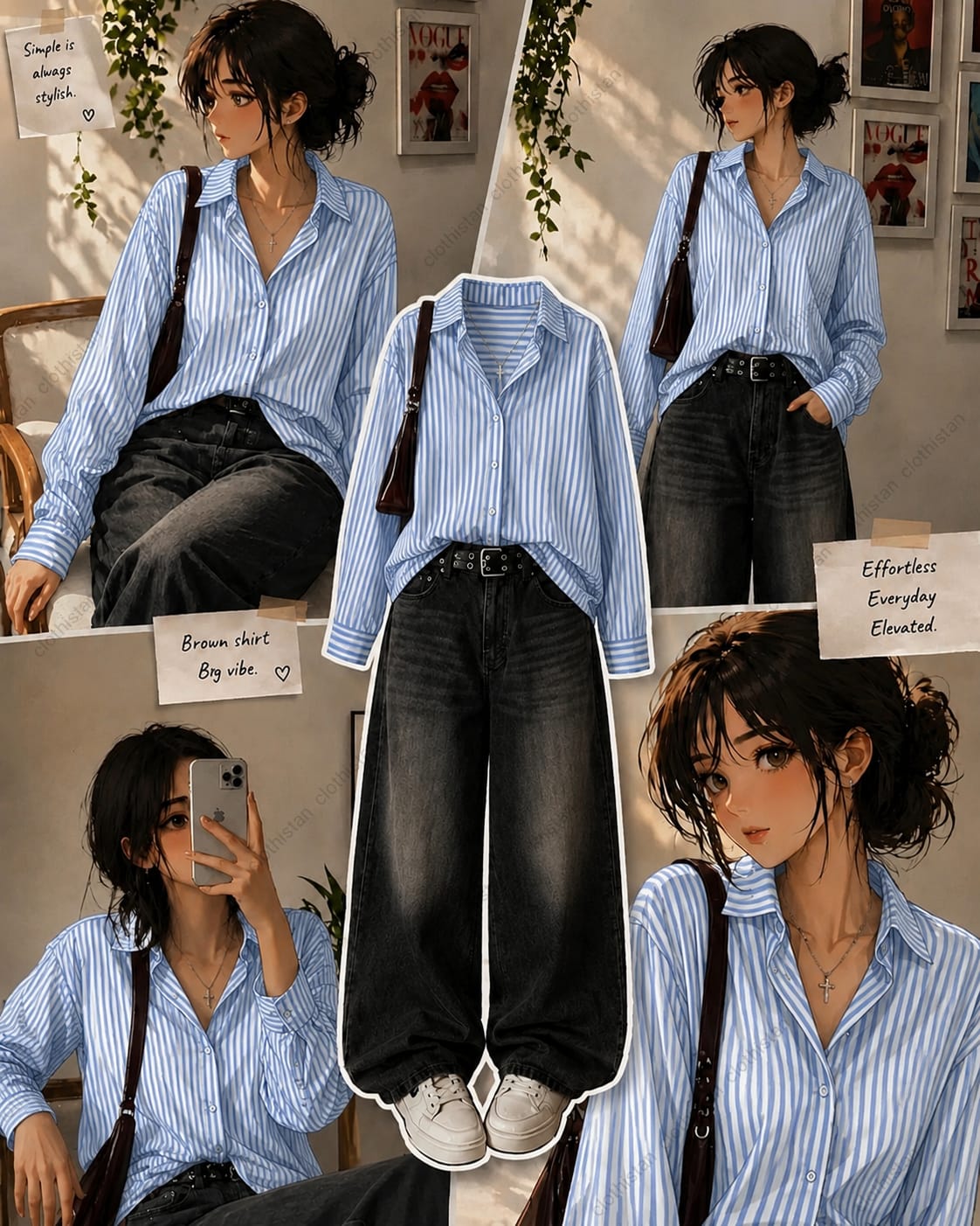 Stripes button down Shirt & Black Wide-Leg Vintage Jeans Pack of Two