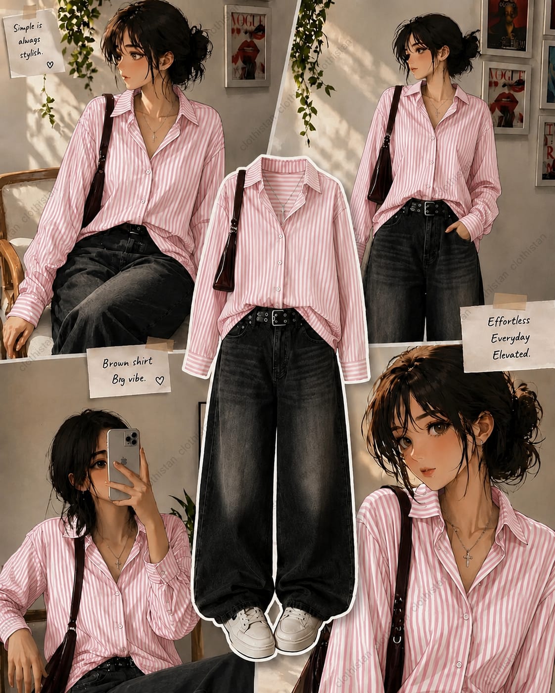 Stripes button down Shirt & Black Wide-Leg Vintage Jeans Pack of Two