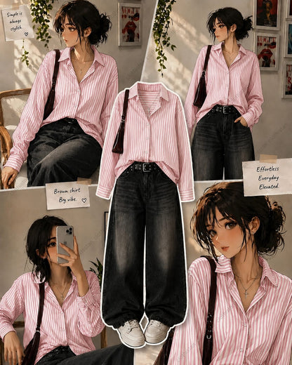 Stripes button down Shirt & Black Wide-Leg Vintage Jeans Pack of Two