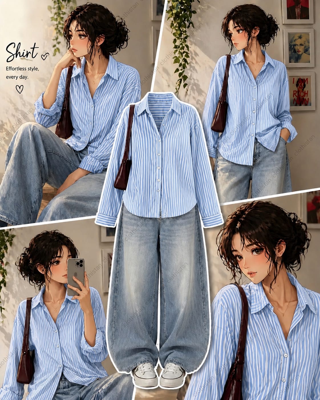 Stripes button down Shirt & Sky blue Wide-Leg Vintage Jeans Pack of Two