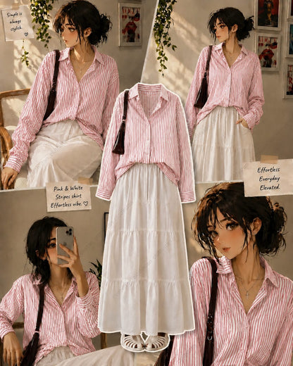 Stripes Button Down Shirt, White Tiered skirt - Pack of two