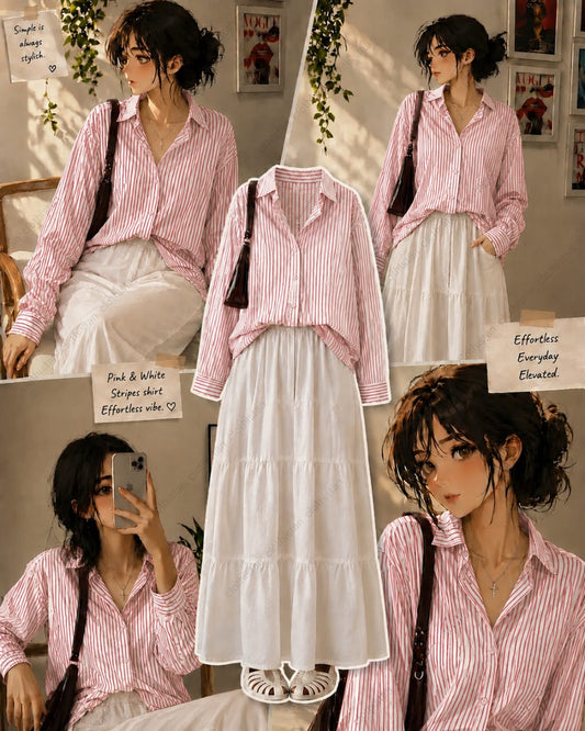 Stripes Button Down Shirt, White Tiered skirt - Pack of two