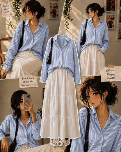 Stripes Button Down Shirt, White Tiered skirt - Pack of two