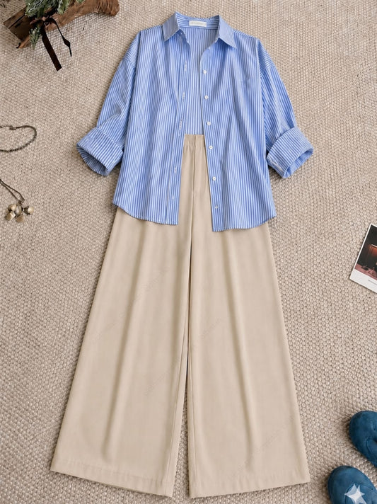 Stripes Button Down Shirt and Skin Formal Pants as Pack of Twos