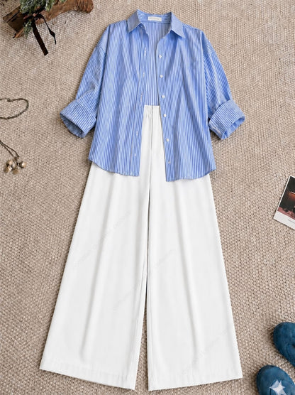 Stripes Button Down Shirt and White Formal Pants as Pack of Twos