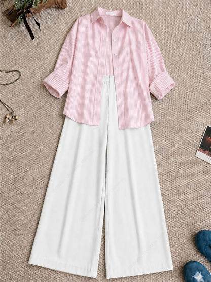 Stripes Button Down Shirt and White Formal Pants as Pack of Twos