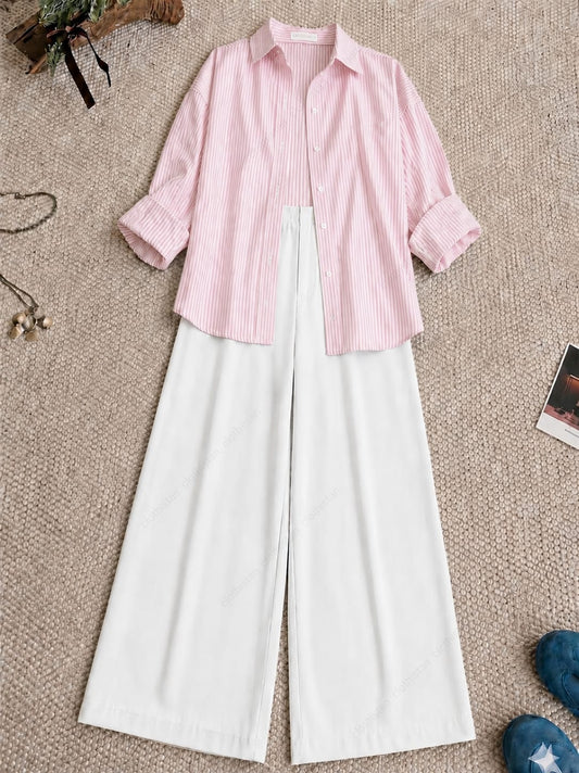 Stripes Button Down Shirt and White Formal Pants as Pack of Twos