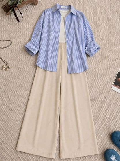 Striped Button Down Shirt, White Tank Top, Skin High Waisted Formal Pants as Pack Of Threes