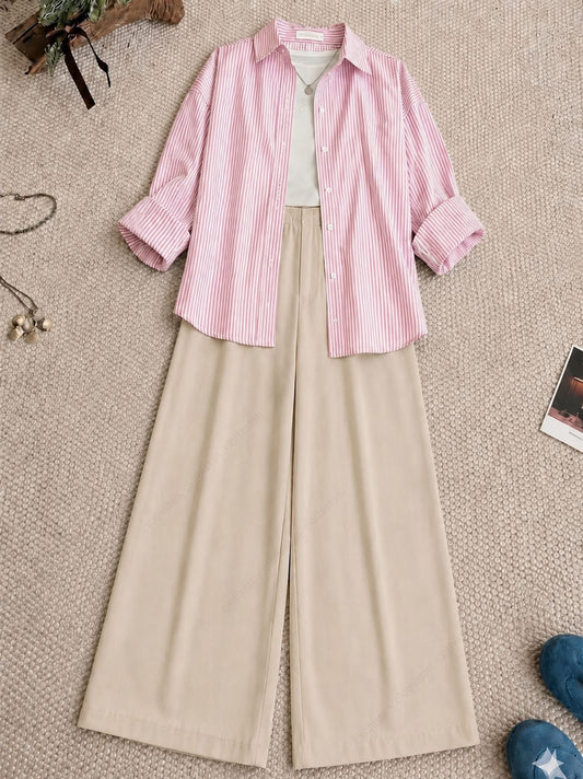 Striped Button Down Shirt, White Tank Top, Skin High Waisted Formal Pants as Pack Of Threes