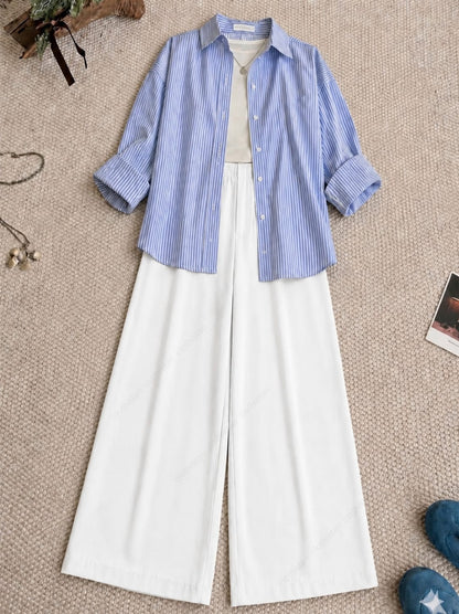 Striped Button Down Shirt, White Tank Top, White High Waisted Formal Pants as Pack Of Threes