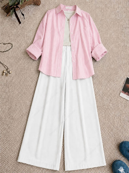 Striped Button Down Shirt, White Tank Top, White High Waisted Formal Pants as Pack Of Threes