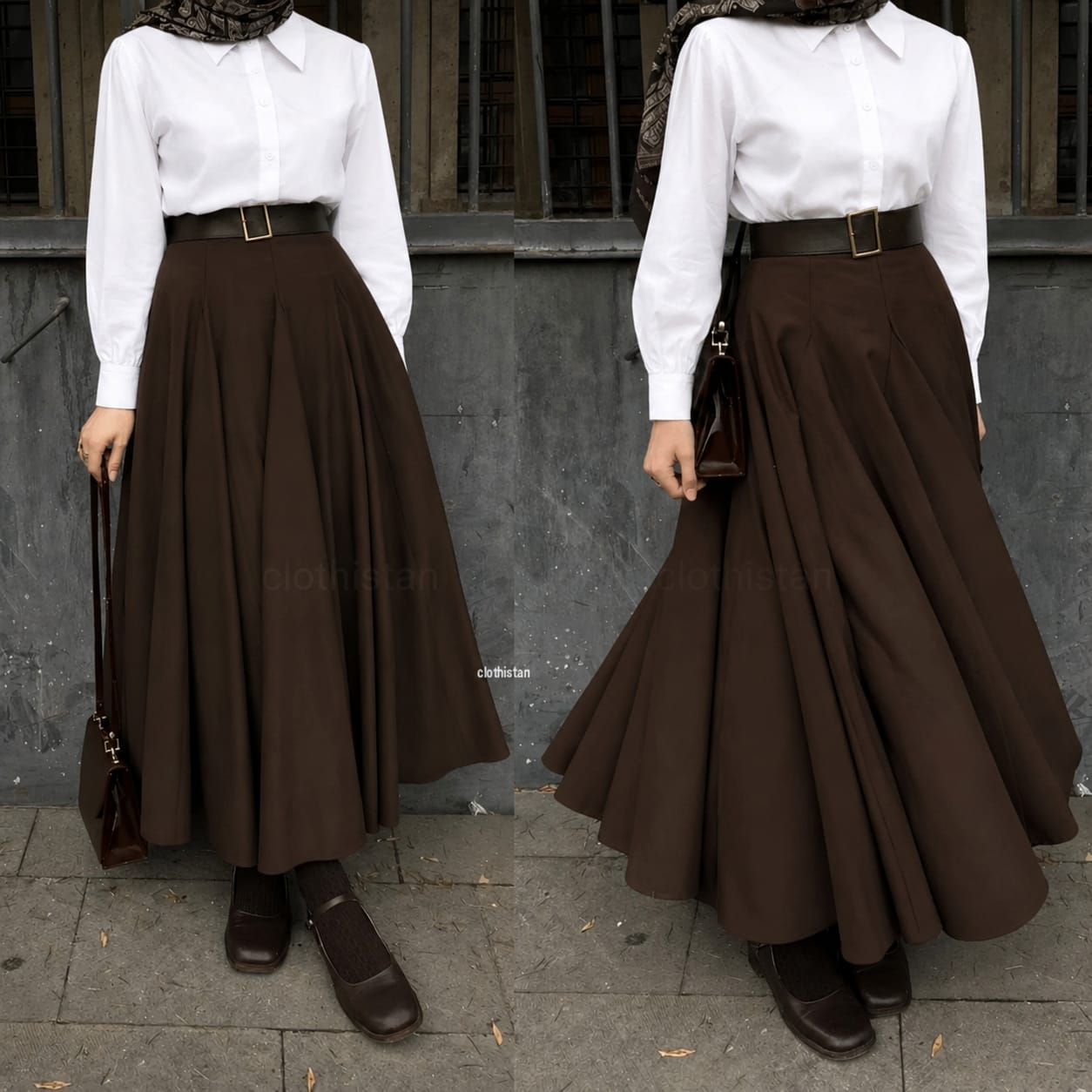Button Down Shirt, Brown Umbrella Skirt - Pack of two
