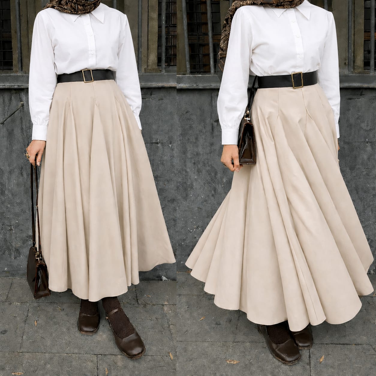 Button Down Shirt, Beige Umbrella Skirt - Pack of two