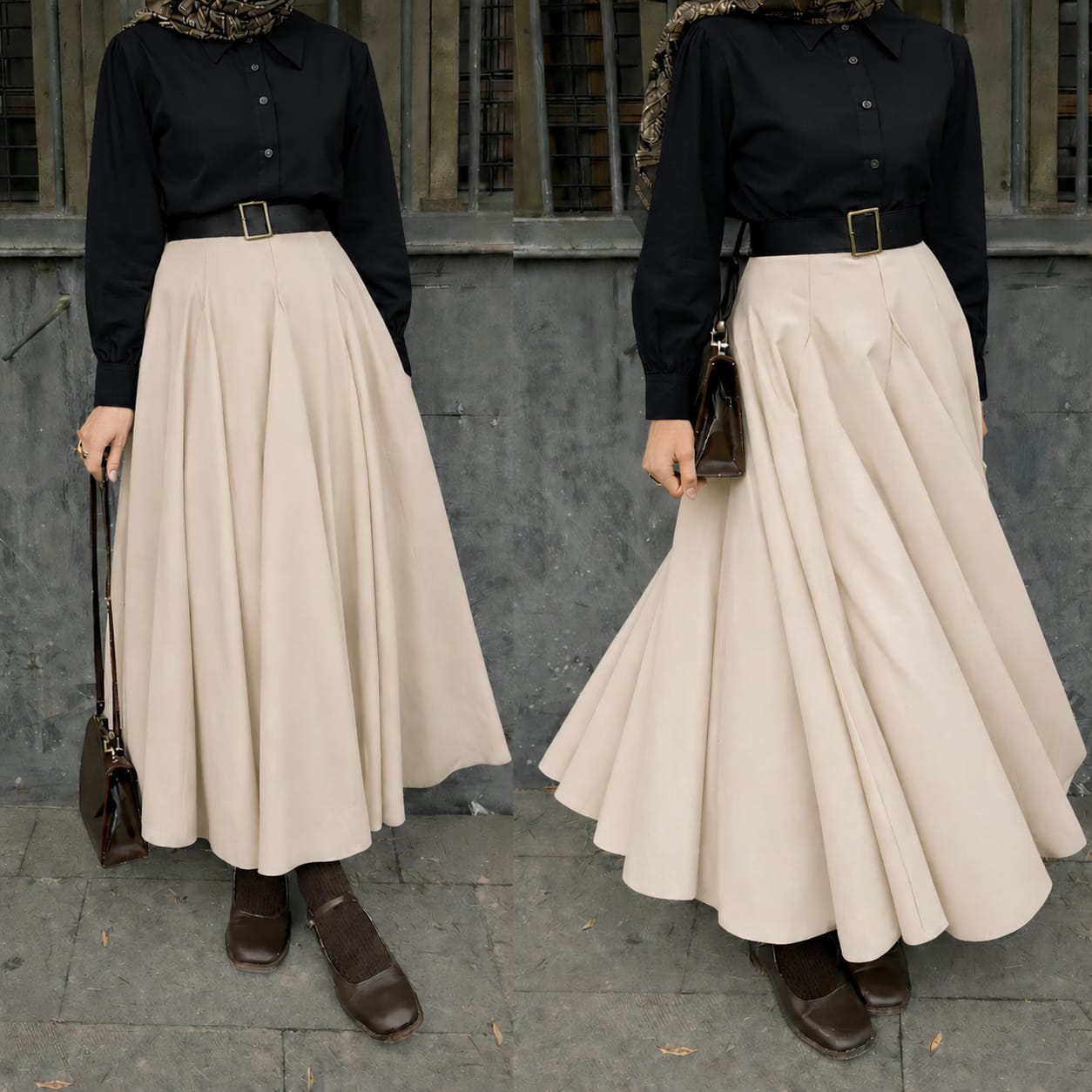 Button Down Shirt, Beige Umbrella Skirt - Pack of two
