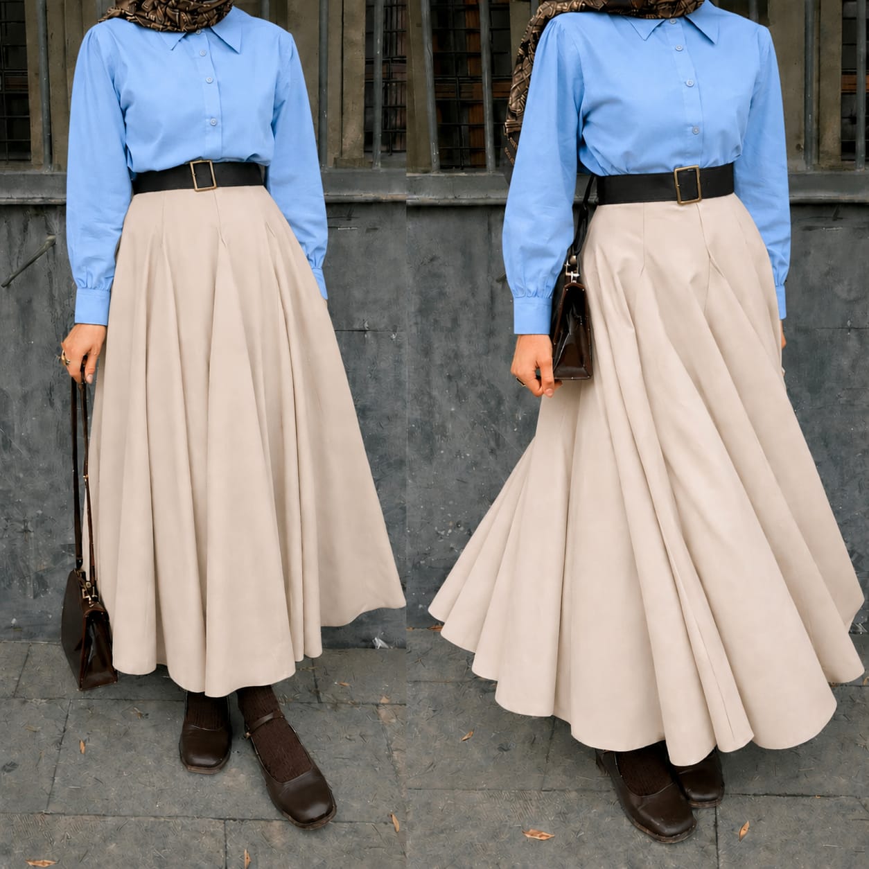 Button Down Shirt, Beige Umbrella Skirt - Pack of two