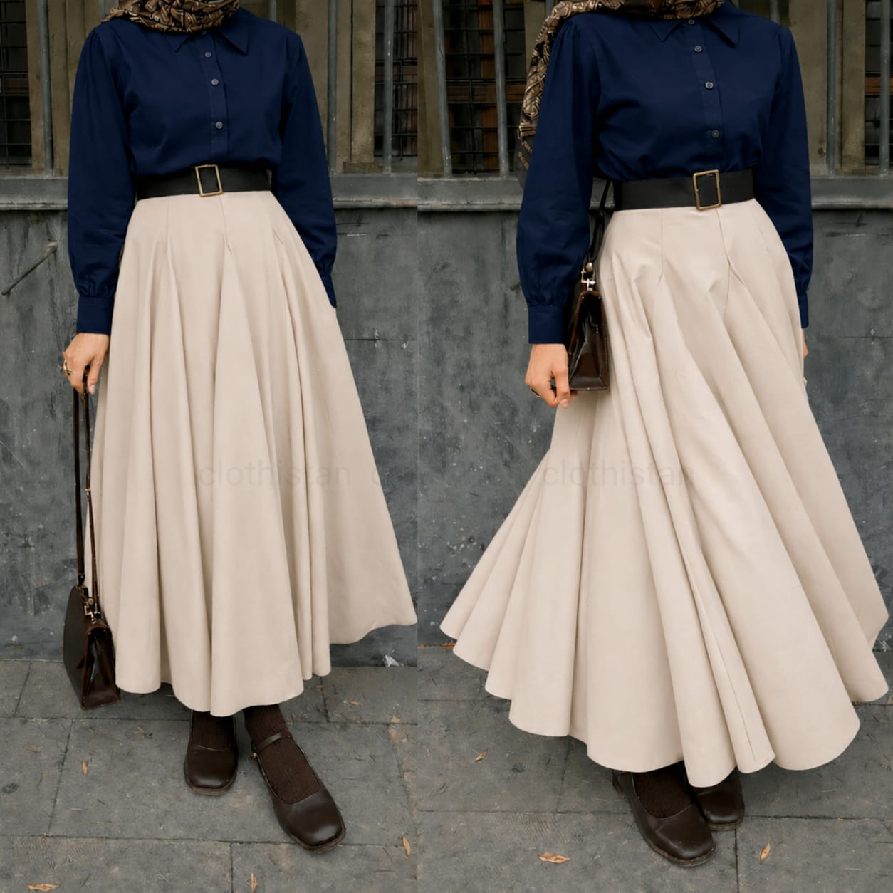 Button Down Shirt, Beige Umbrella Skirt - Pack of two
