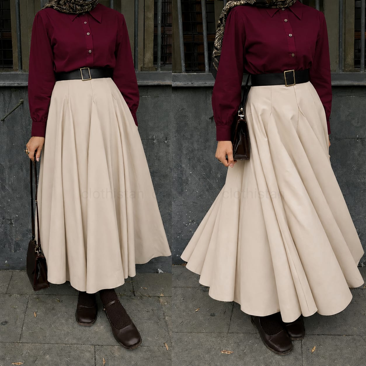 Button Down Shirt, Beige Umbrella Skirt - Pack of two