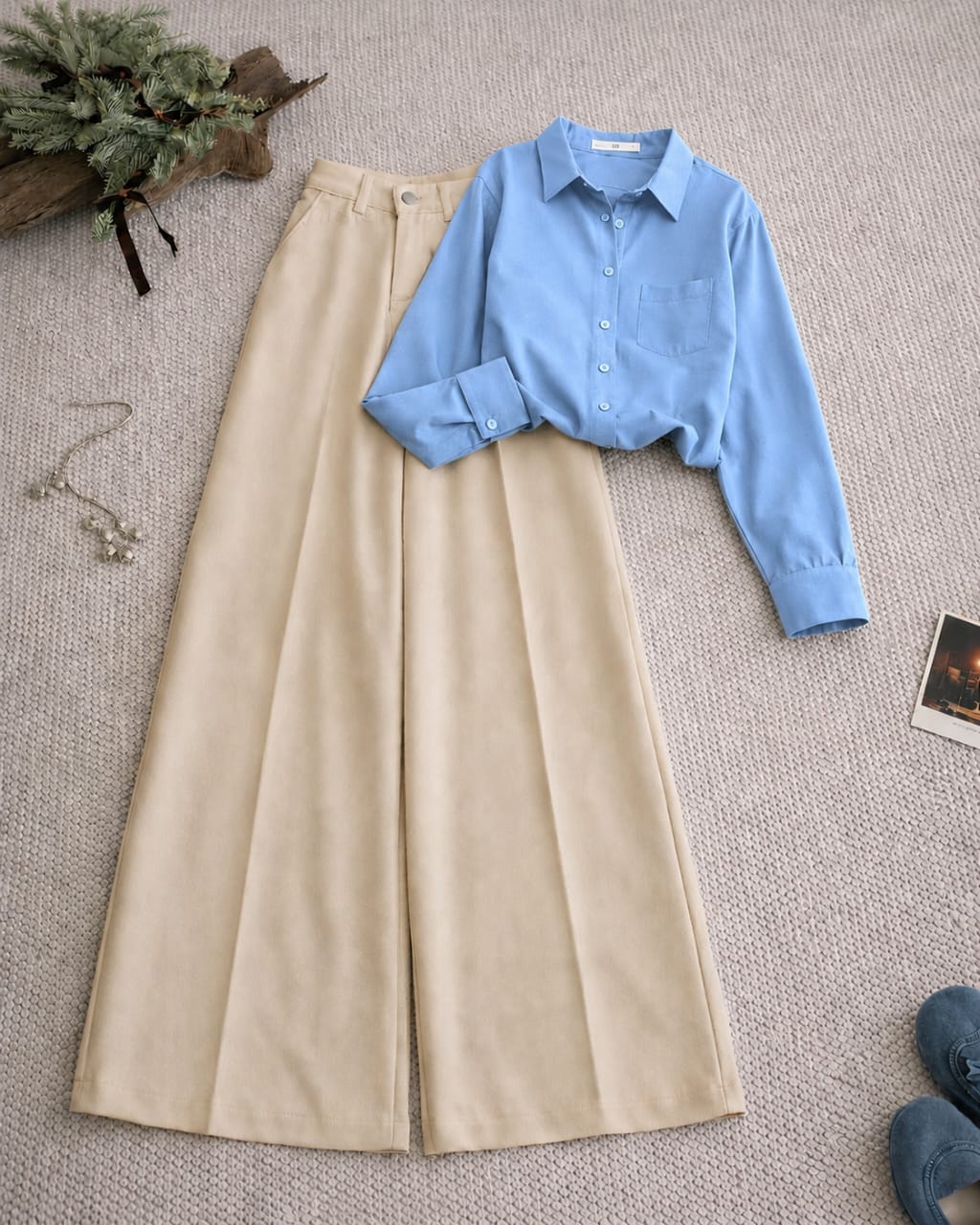 Button Down Shirt And Beige Formal Pants as Pack of Twos