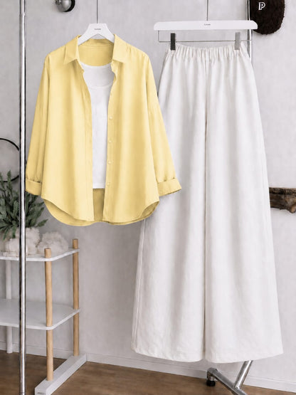 Button Down Shirt, White Tank Top and White Wide Leg Trouser Pack Of Threes