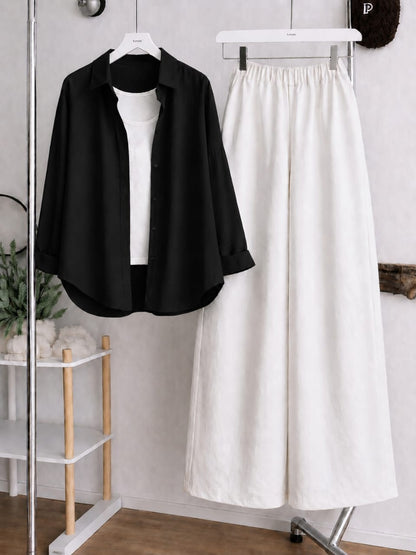 Button Down Shirt, White Tank Top and White Wide Leg Trouser Pack Of Threes