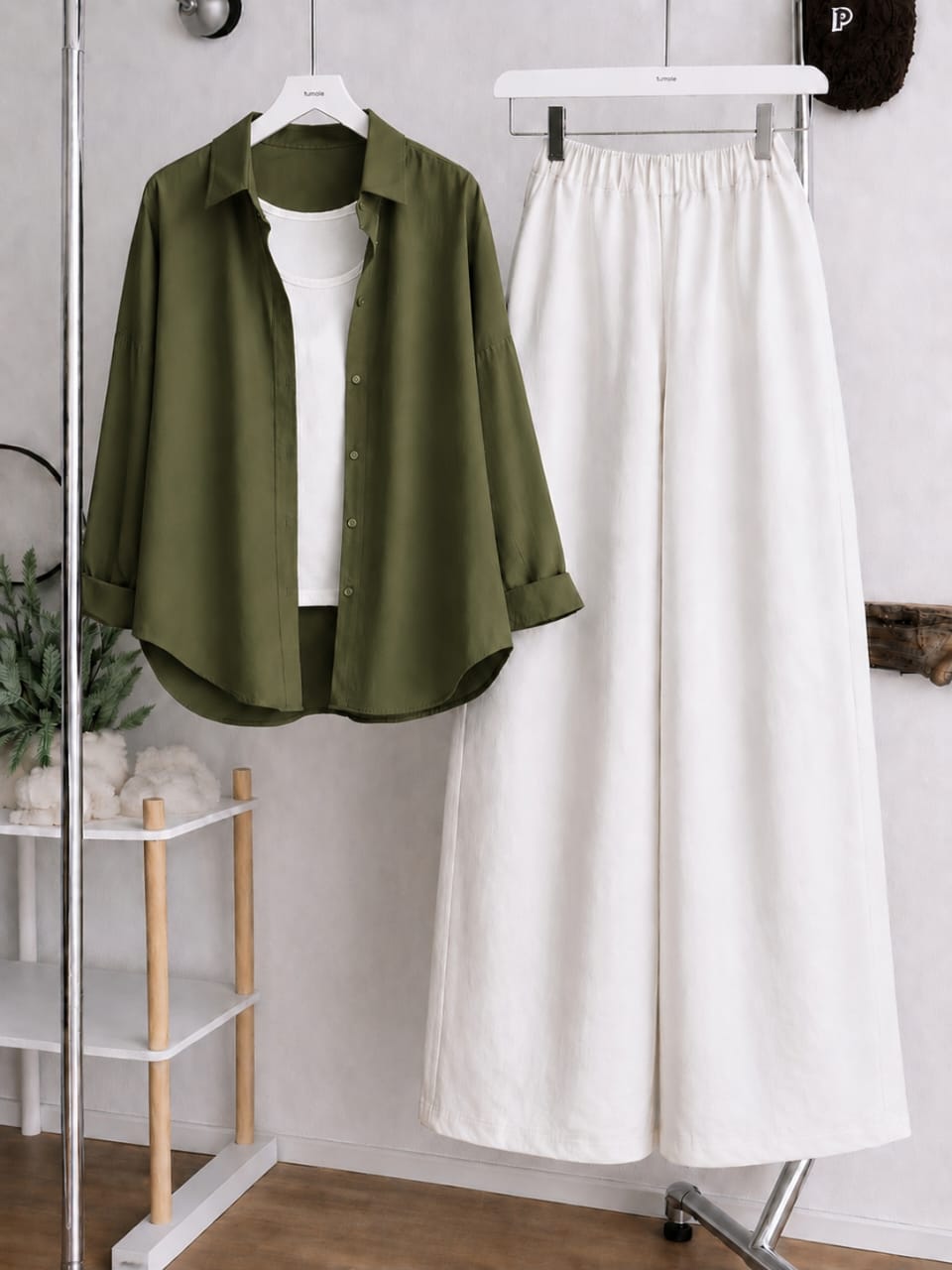 Button Down Shirt, White Tank Top and White Wide Leg Trouser Pack Of Threes