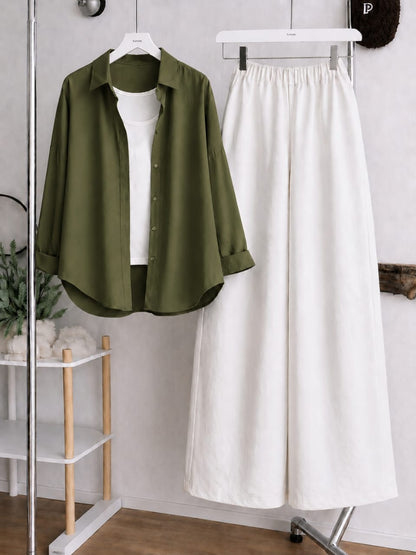 Button Down Shirt, White Tank Top and White Wide Leg Trouser Pack Of Threes
