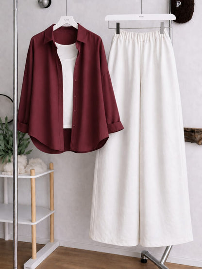 Button Down Shirt, White Tank Top and White Wide Leg Trouser Pack Of Threes