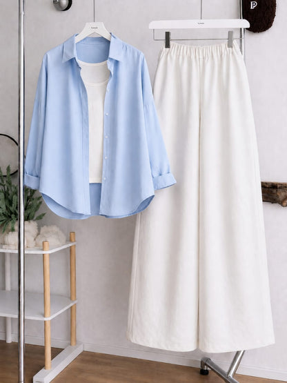 Button Down Shirt, White Tank Top and White Wide Leg Trouser Pack Of Threes