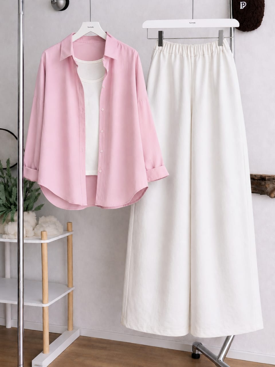 Button Down Shirt, White Tank Top and White Wide Leg Trouser Pack Of Threes