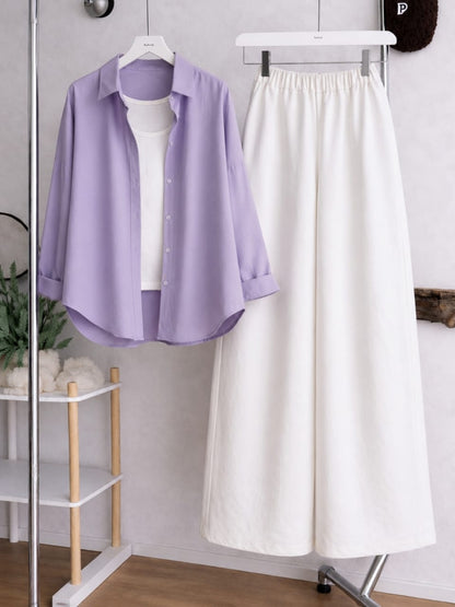 Button Down Shirt, White Tank Top and White Wide Leg Trouser Pack Of Threes
