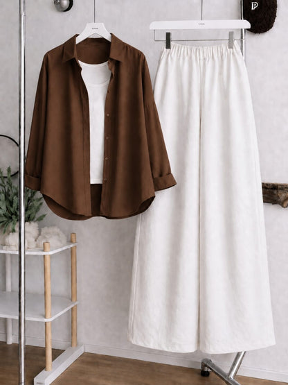 Button Down Shirt, White Tank Top and White Wide Leg Trouser Pack Of Threes