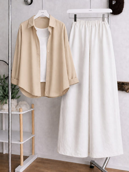 Button Down Shirt, White Tank Top and White Wide Leg Trouser Pack Of Threes