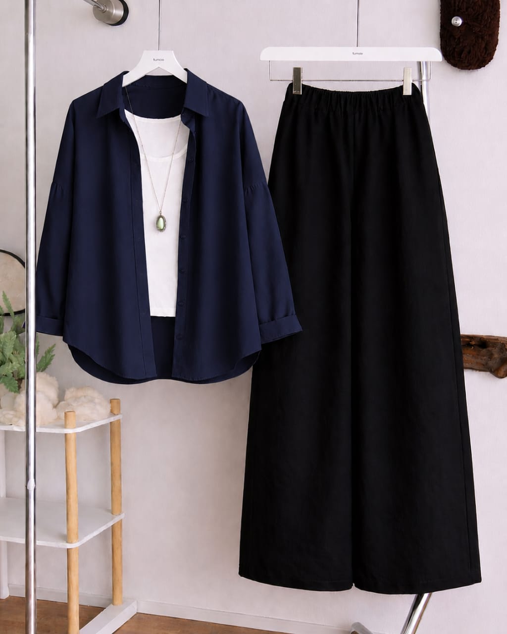Button Down Shirt, White Tank Top and Black Wide Leg Trouser Pack Of Threes