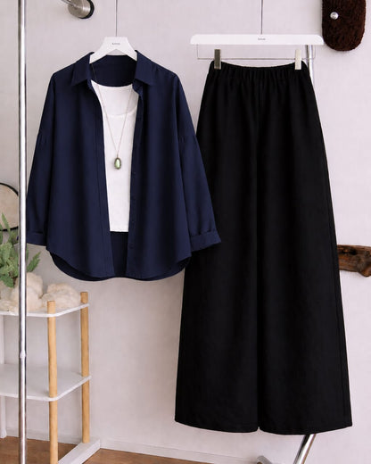 Button Down Shirt, White Tank Top and Black Wide Leg Trouser Pack Of Threes