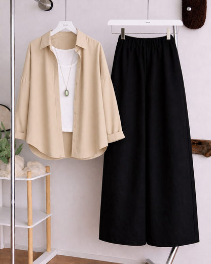 Button Down Shirt, White Tank Top and Black Wide Leg Trouser Pack Of Threes