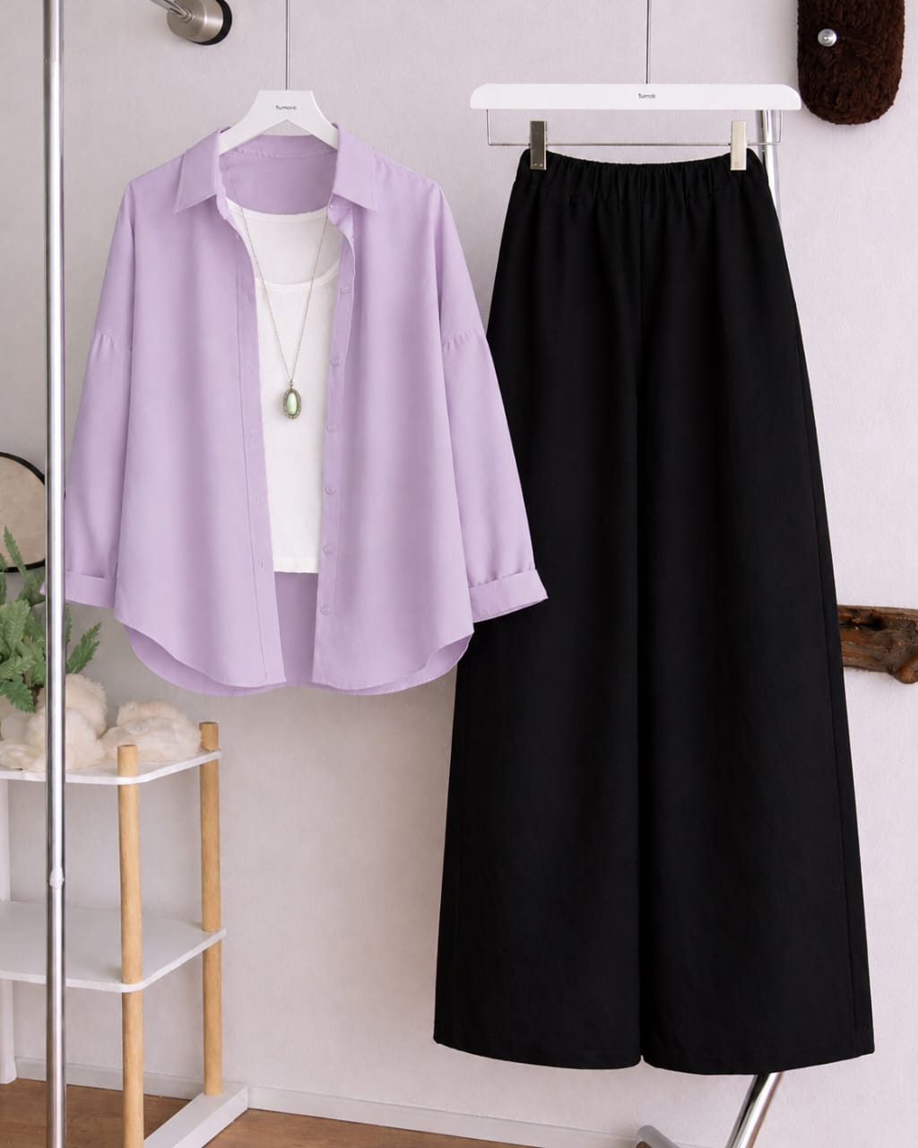 Button Down Shirt, White Tank Top and Black Wide Leg Trouser Pack Of Threes