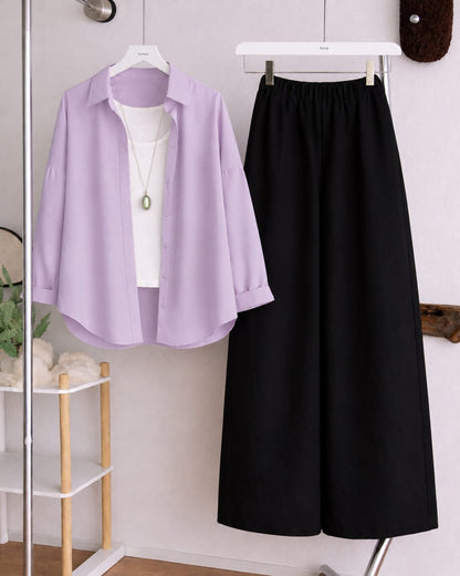 Button Down Shirt, White Tank Top and Black Wide Leg Trouser Pack Of Threes