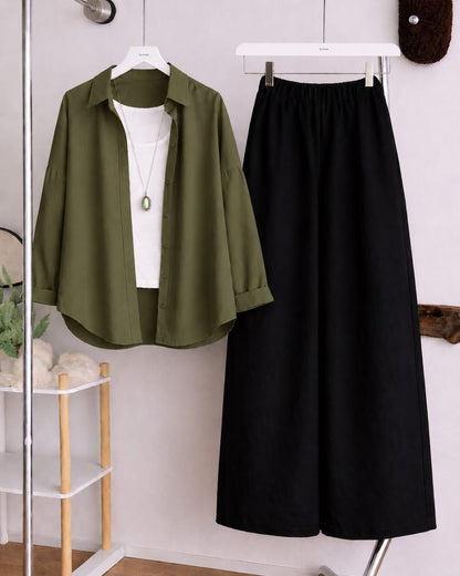 Button Down Shirt, White Tank Top and Black Wide Leg Trouser Pack Of Threes